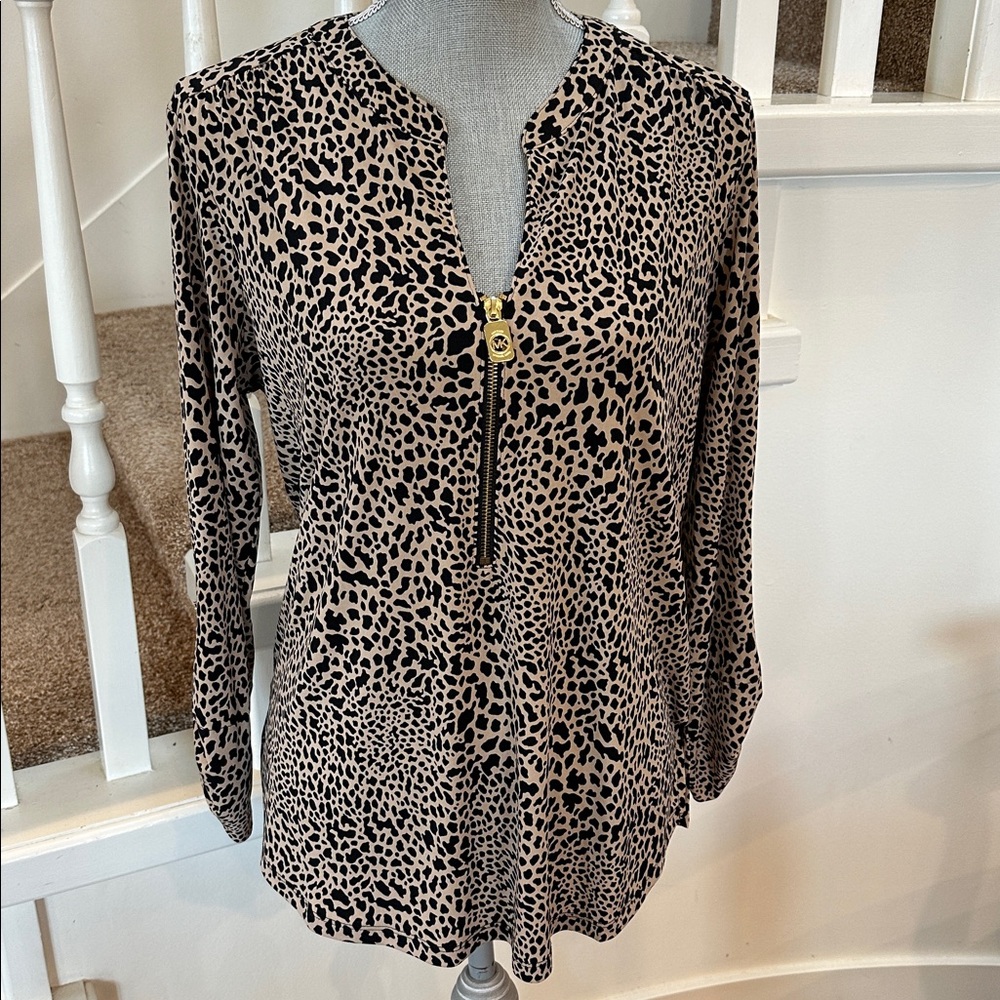 Michael Kors Leopard Print Zip-Front Women's Blouse - Black and Tan